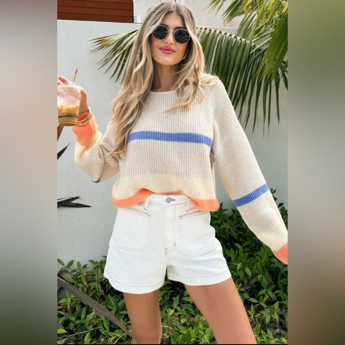 Presley beige colorblock striped drop shoulder cozy sweater