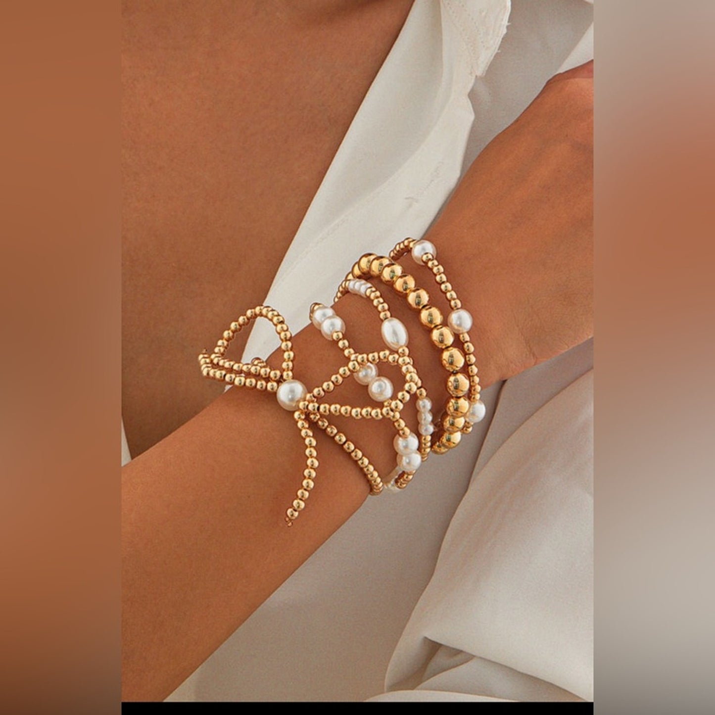 gold bow knot pearl beaded layered bracelet stack!!
