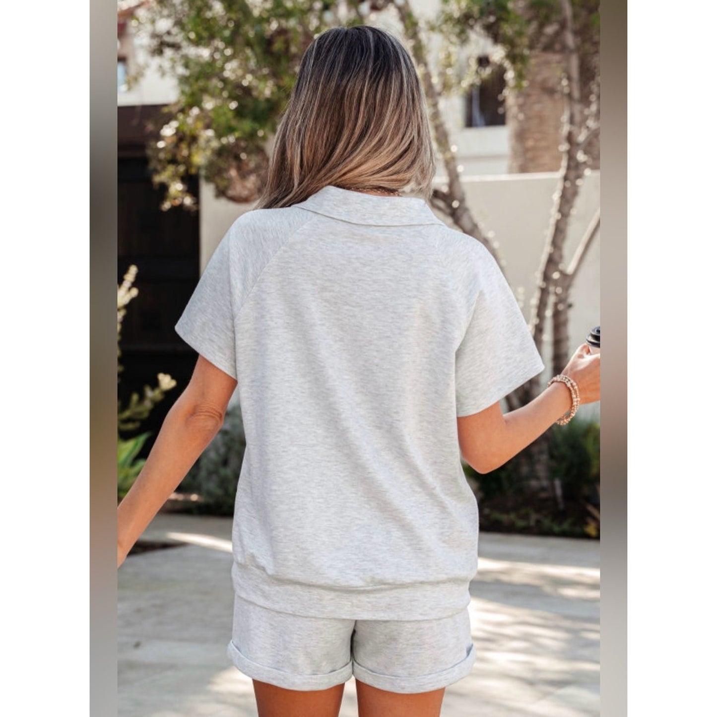 Addy- Light Gray Women's Collared V-Neck Short Set
