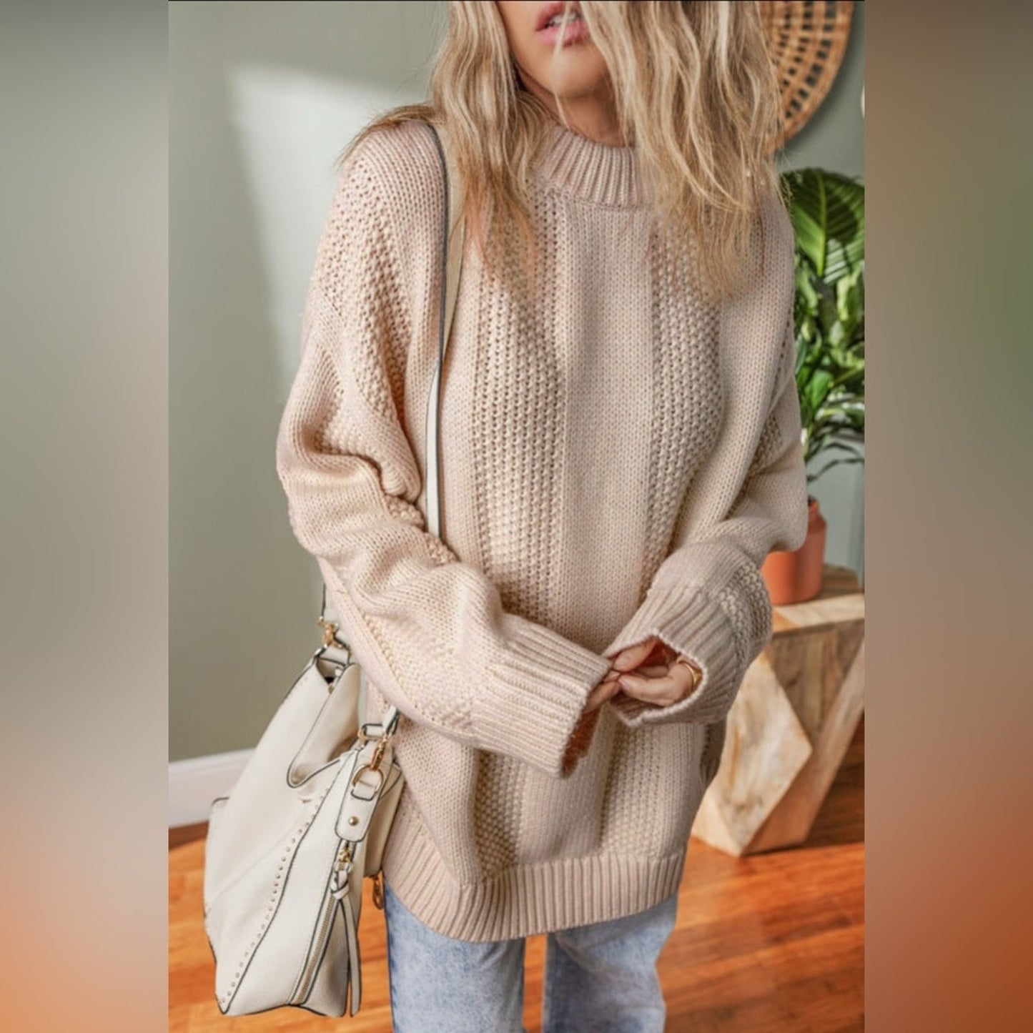 Ivy pale khaki solid color cable knit ribbed loose sweater