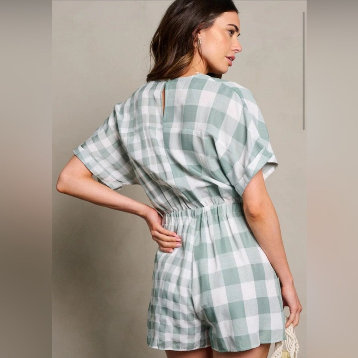 Jaiden- short sleeve plaid wrap romper
