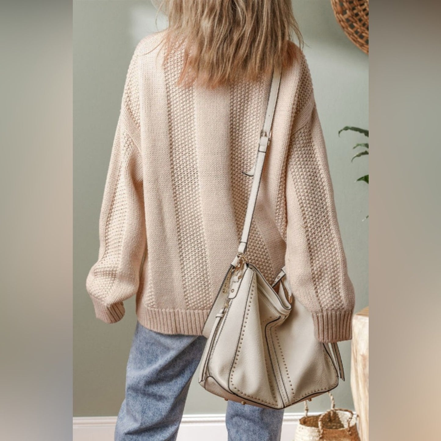Ivy pale khaki solid color cable knit ribbed loose sweater
