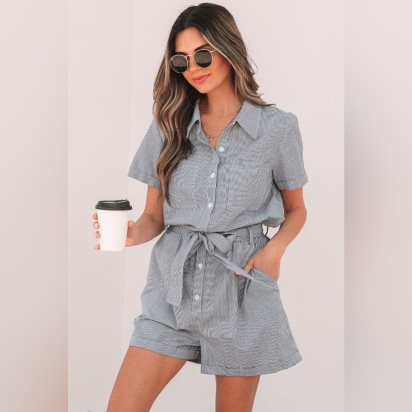 Cece- blue stripe pocketed high waisted jumper