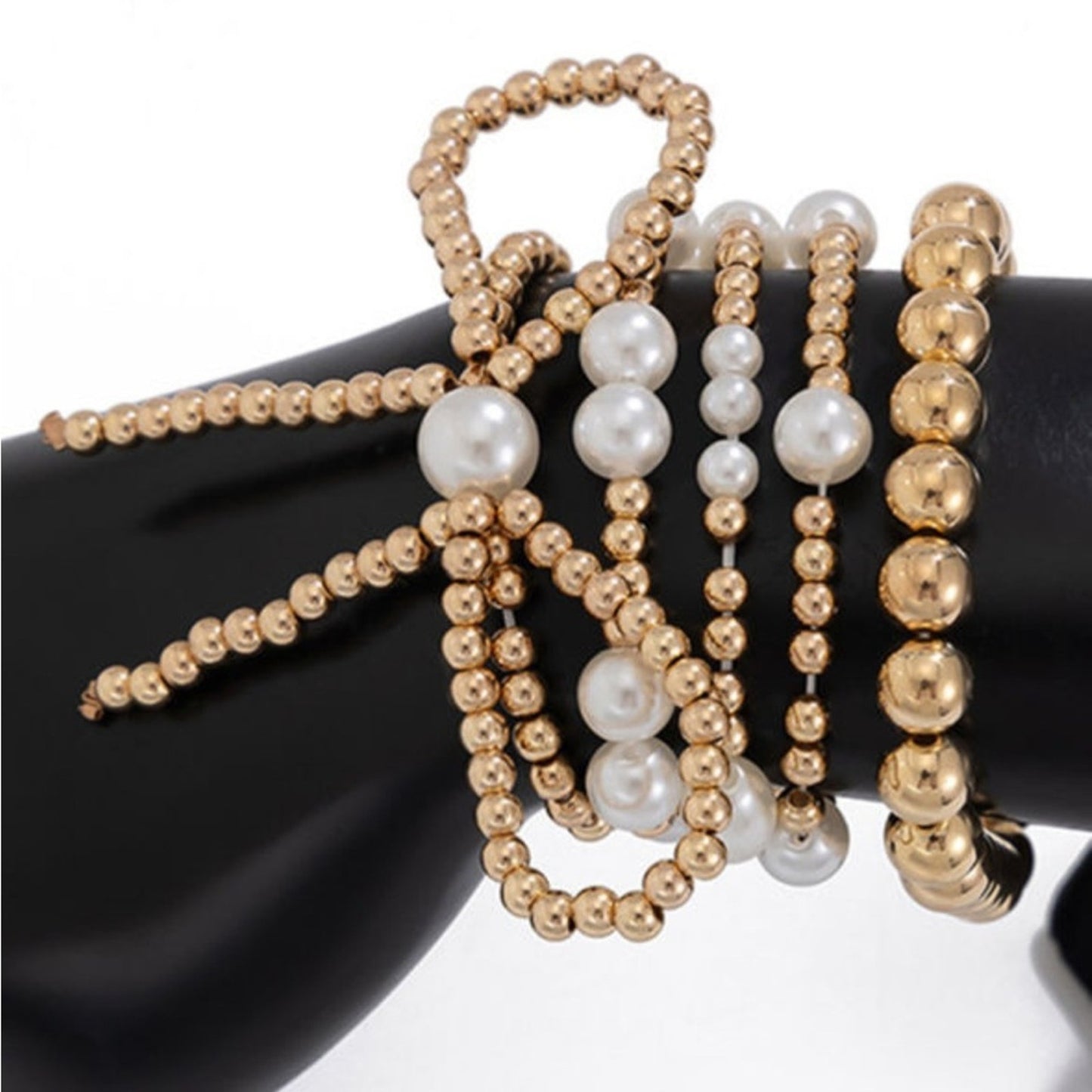 gold bow knot pearl beaded layered bracelet stack!!
