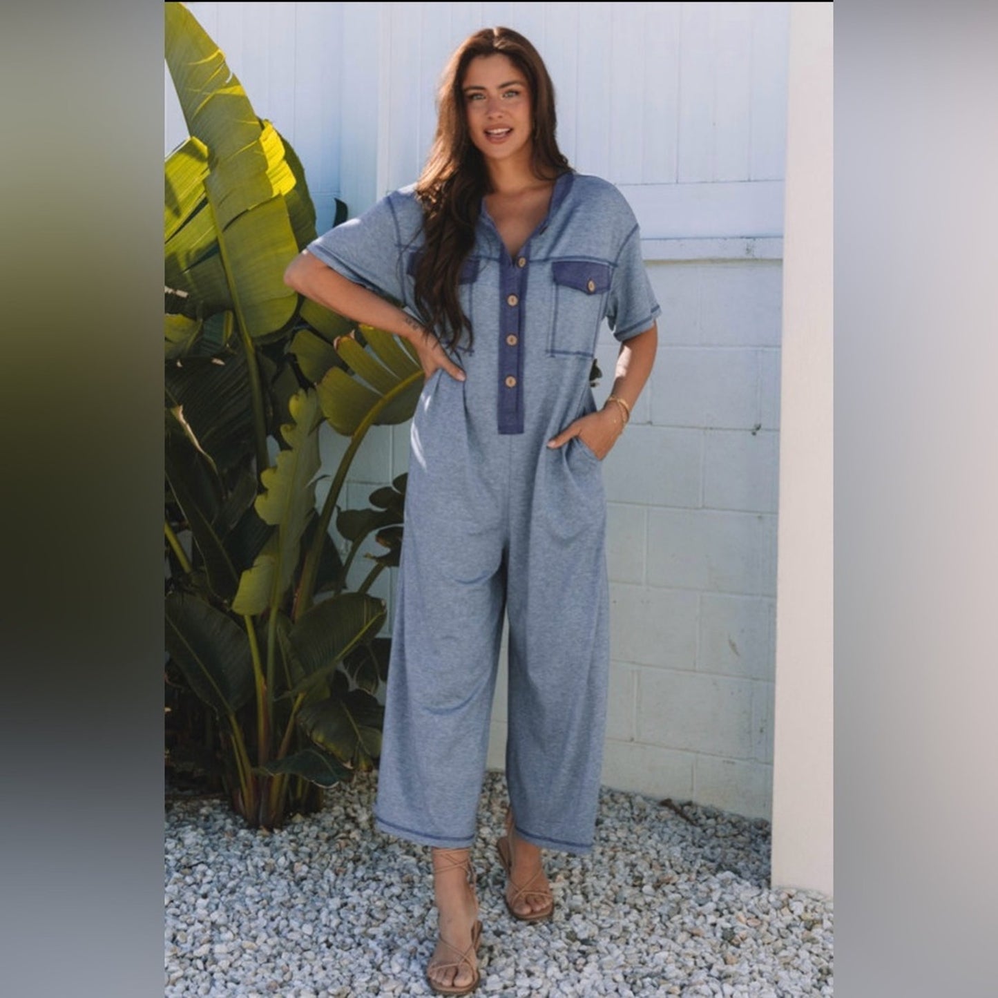 Julia - Blue Wide leg Jumpsuit with Button Details