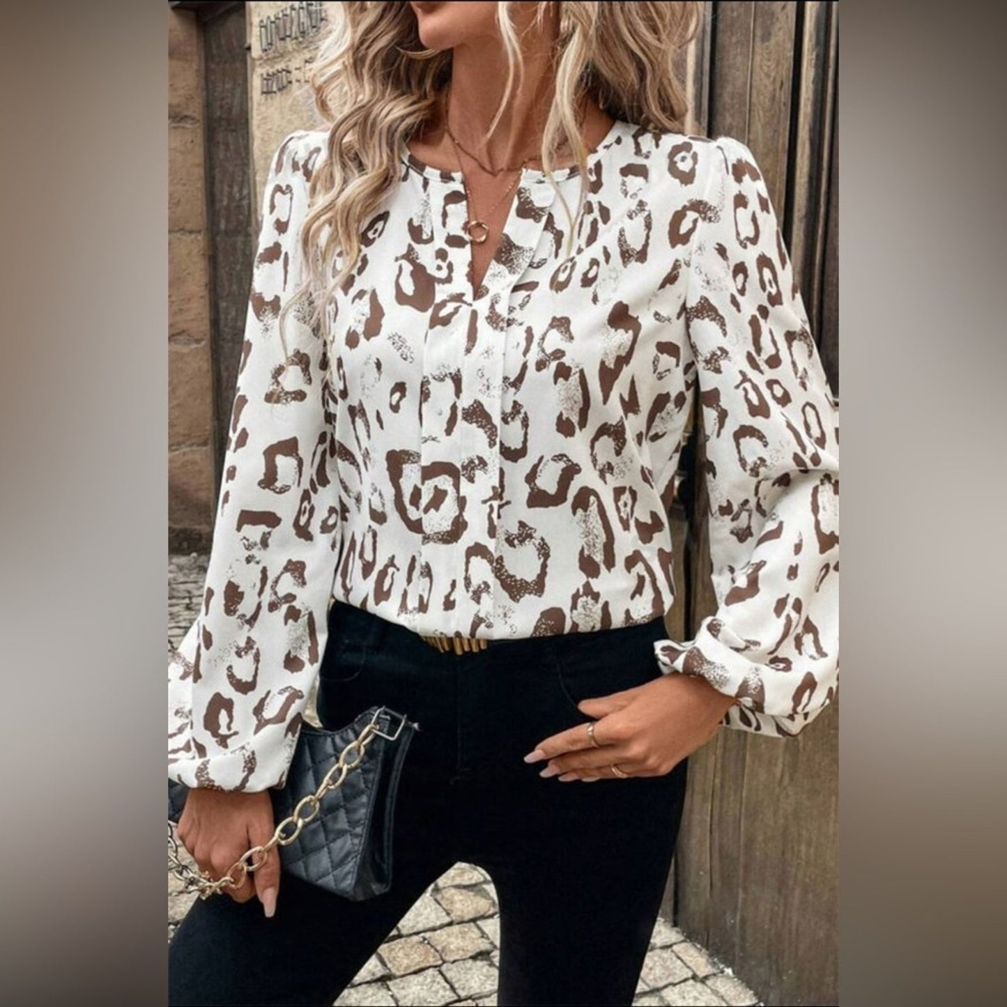 Sienna leopard print split neck balloon sleeve blouse