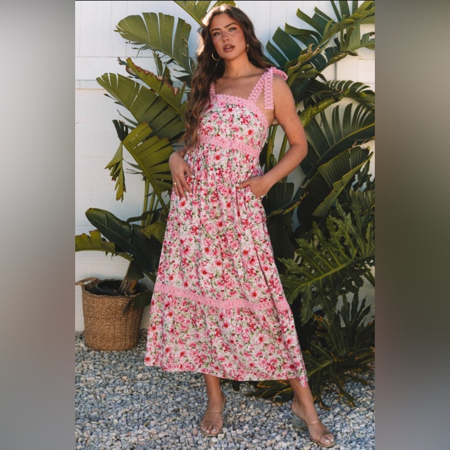 Anna- pink floral lace tied strap maxi dress