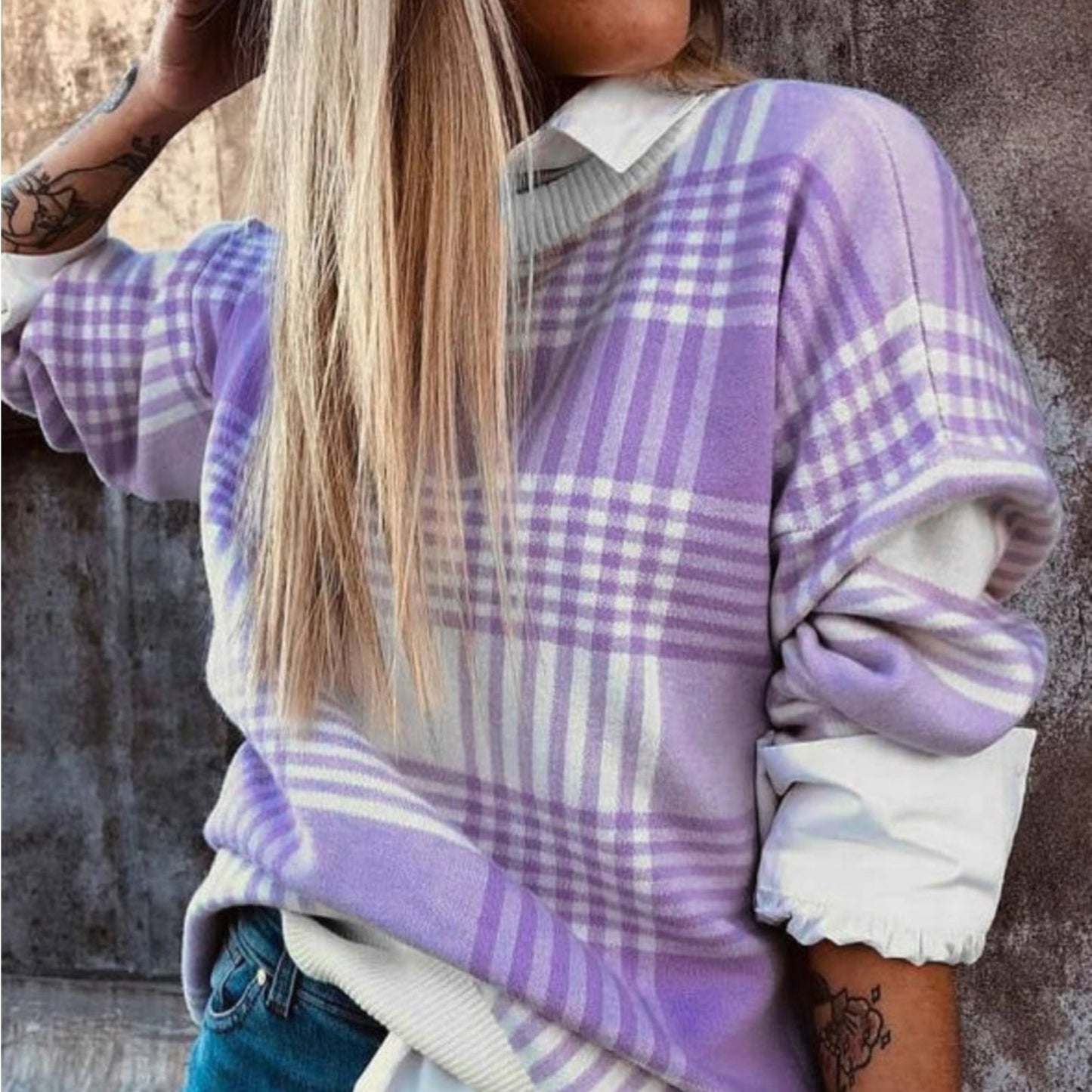 Kathryn- Lilac Plaid Print Sweater