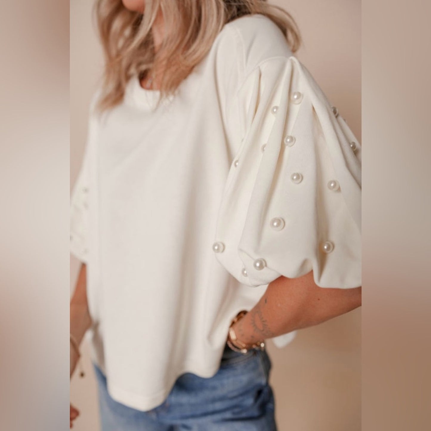 Fallon pearled sleeve blouse