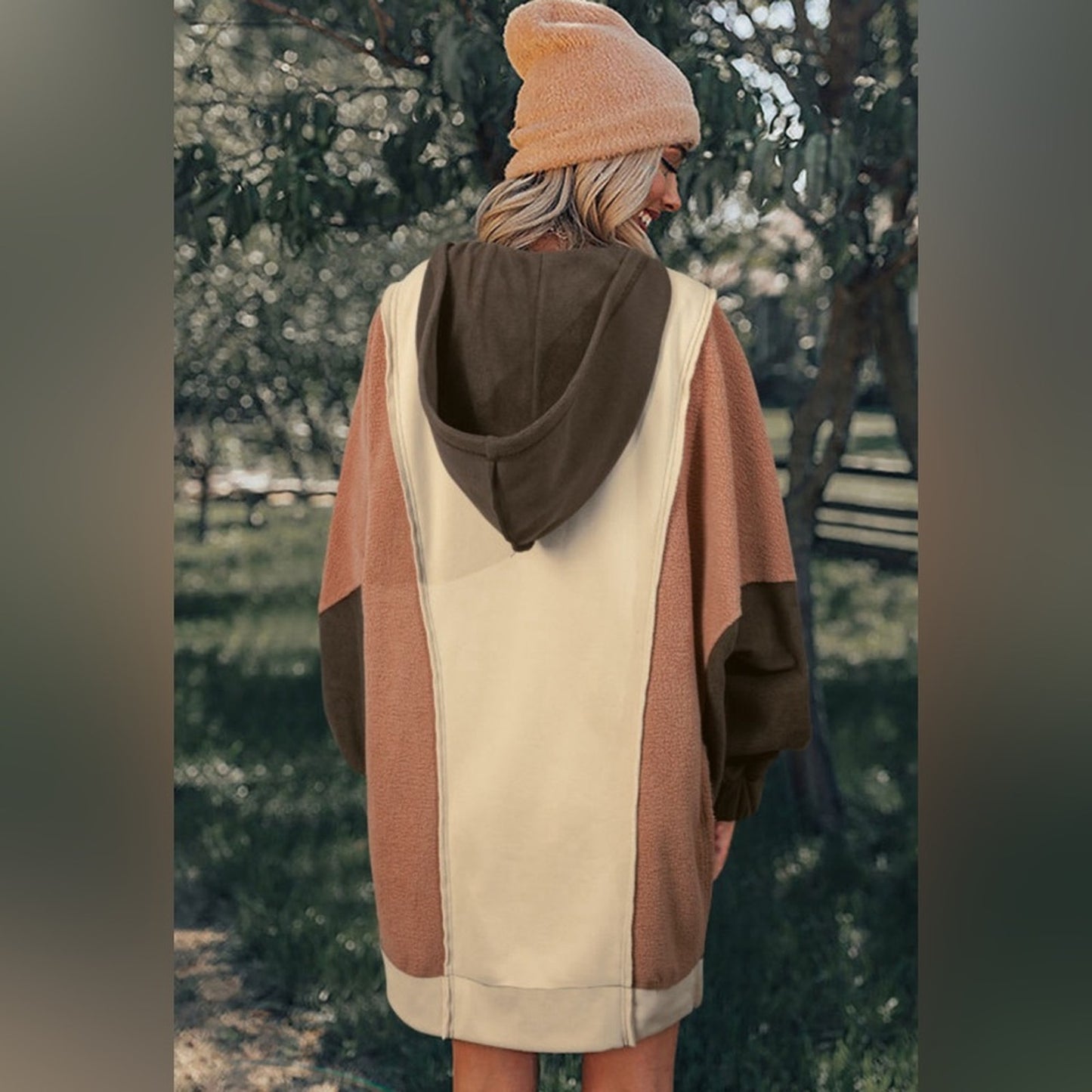 Emelia oversized color block patchwork high low hoodie