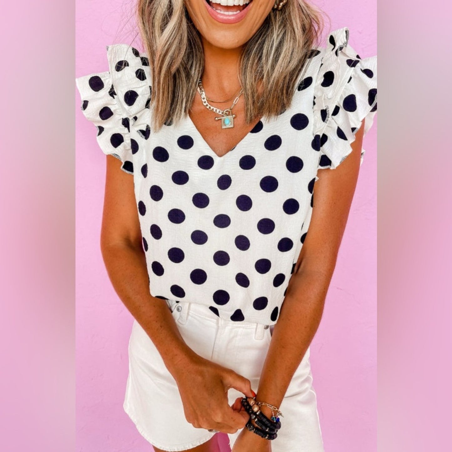 Rose white polka dot ruffle sleeve blouse