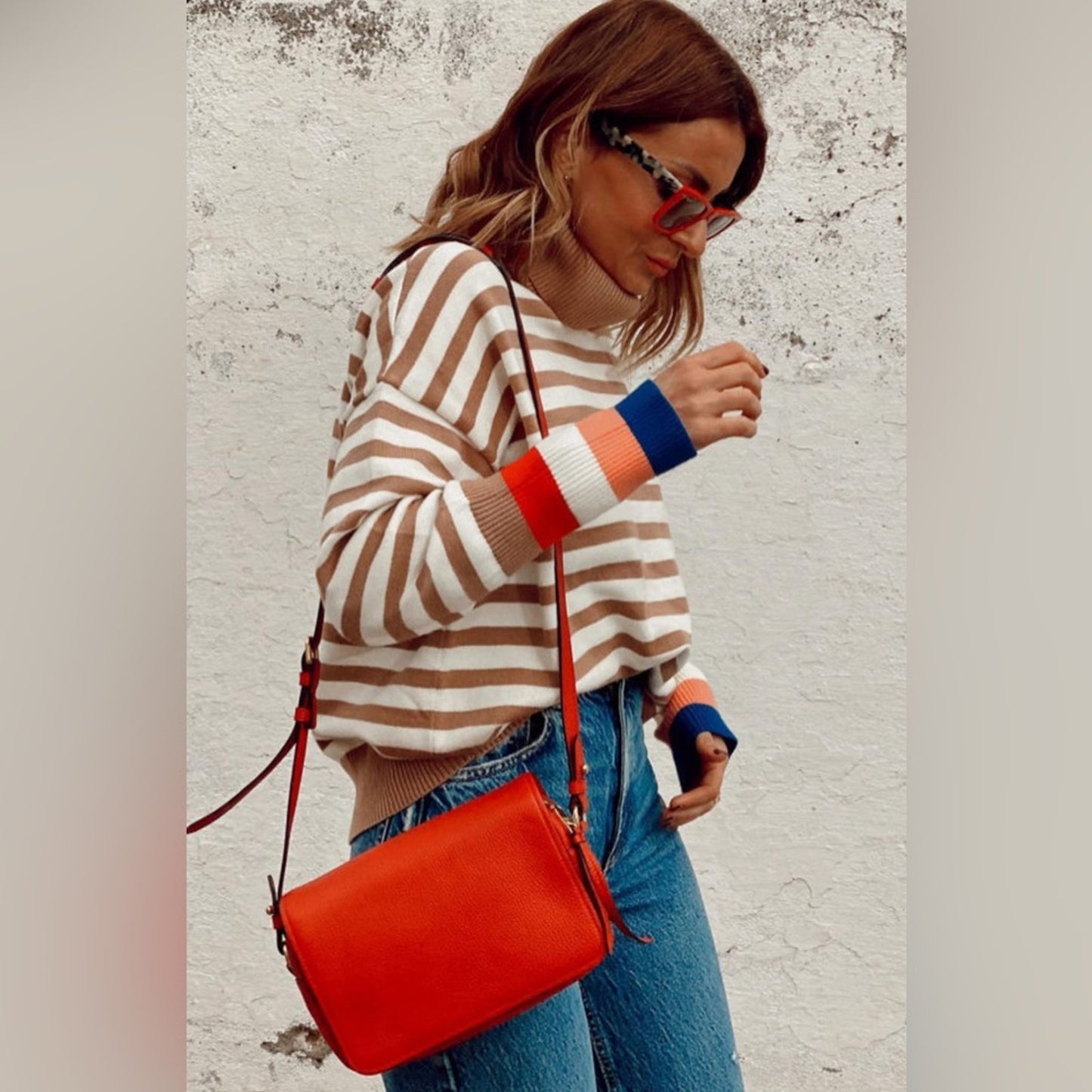 Karina brown stripe colorblock bishop sleeve turtleneck sweater