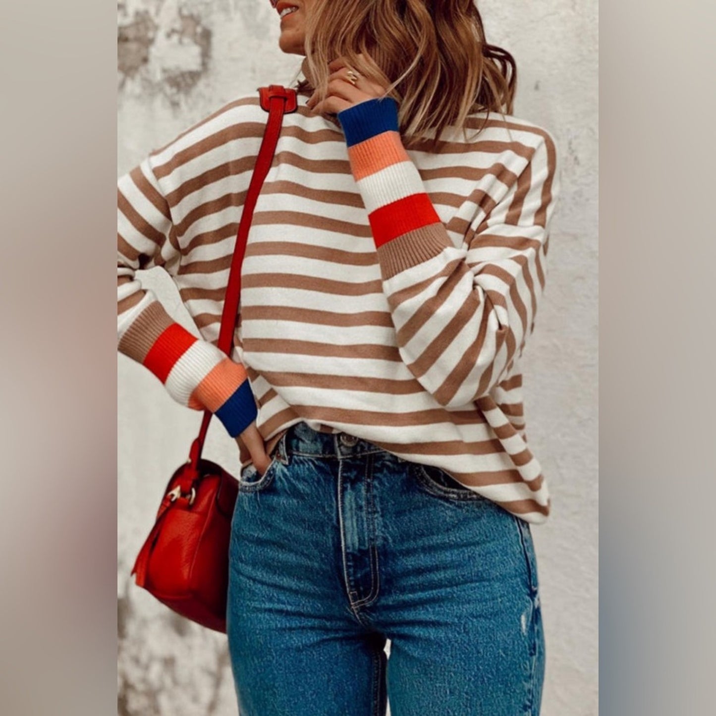 Karina brown stripe colorblock bishop sleeve turtleneck sweater
