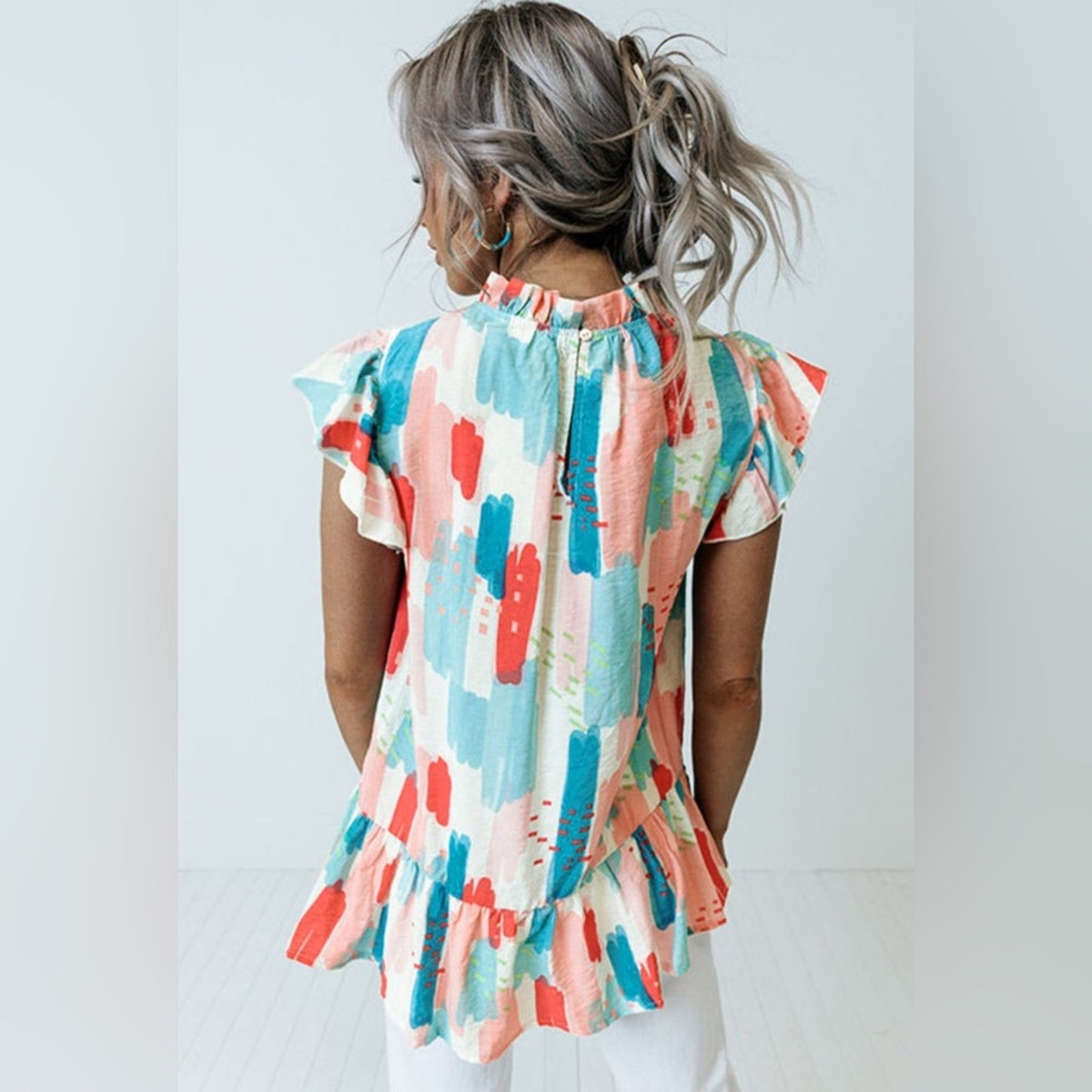 Luna colorblock ruffled mock neck blouse