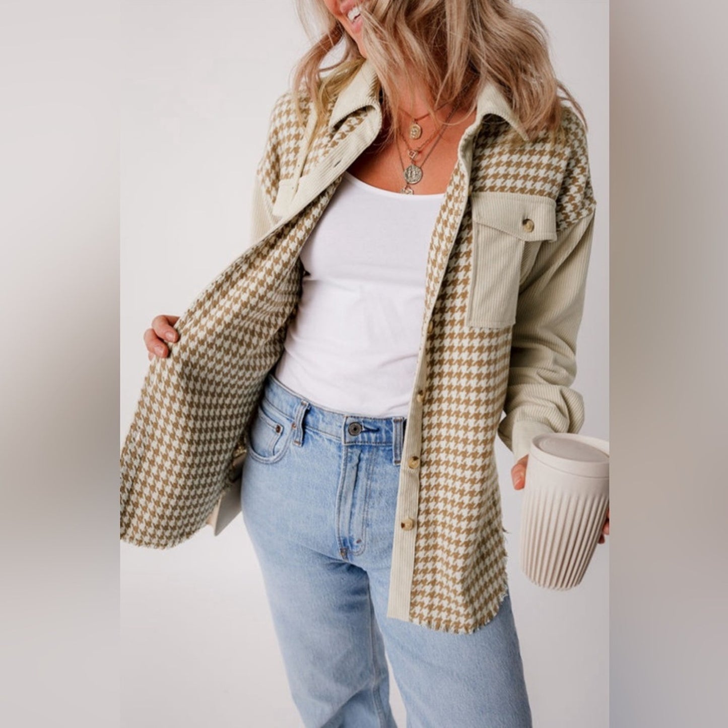 Hazel- corduroy patchwork flap pocket shacket