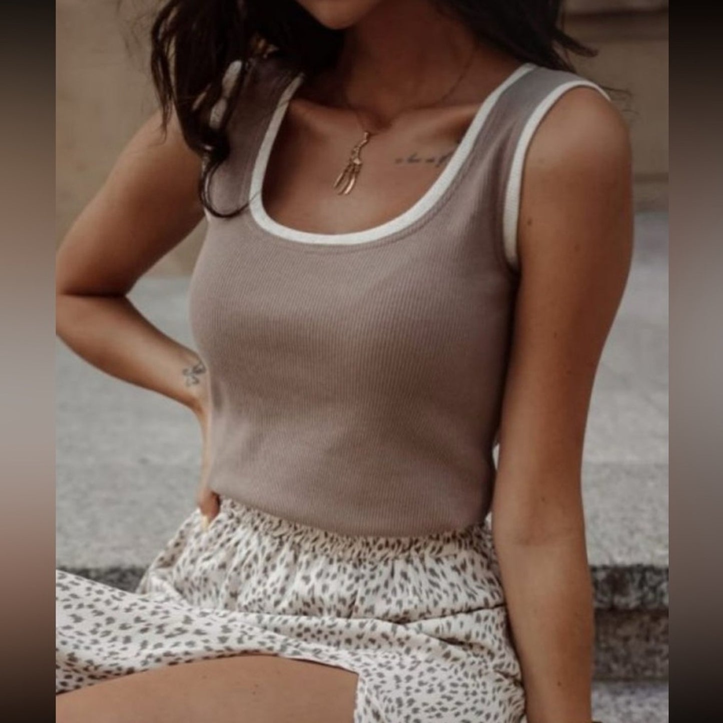 Kylie - Contrast Tan Tank Top