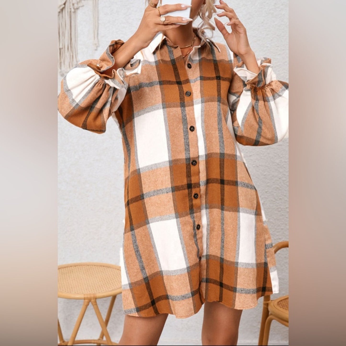 Kate khaki pattern collared neck ruffled sleeve dress
