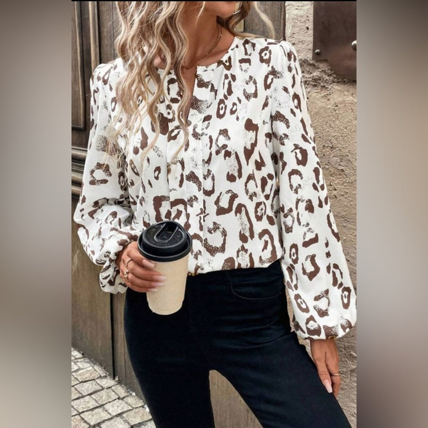 Sienna leopard print split neck balloon sleeve blouse