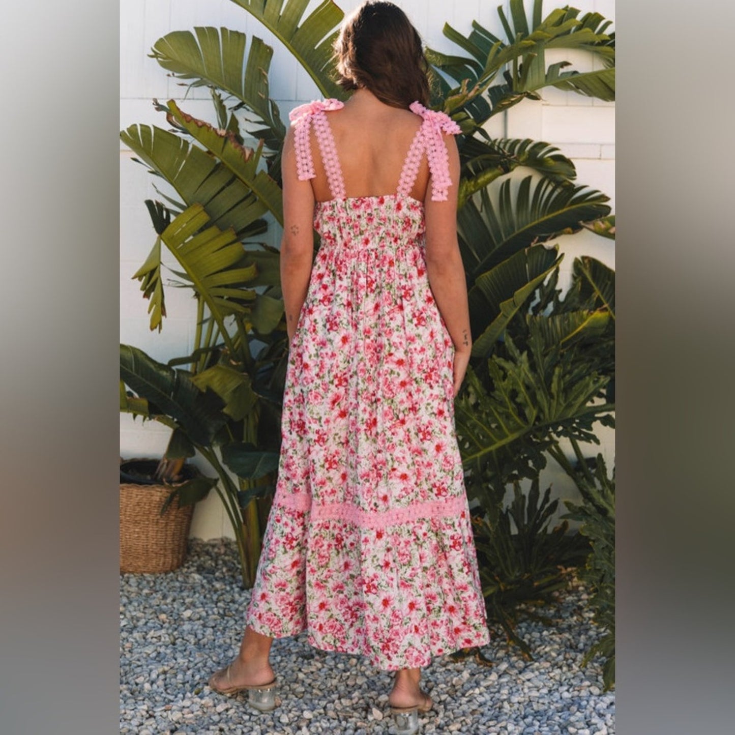 Anna- pink floral lace tied strap maxi dress