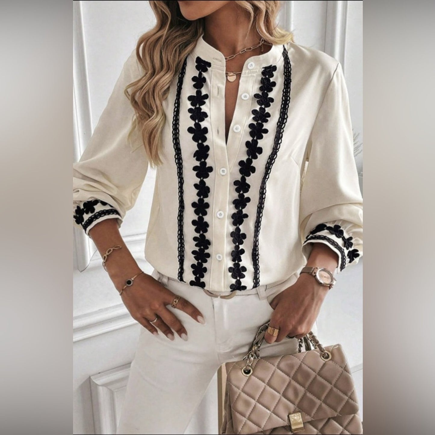 Harper beige floral embroidered button up shirt