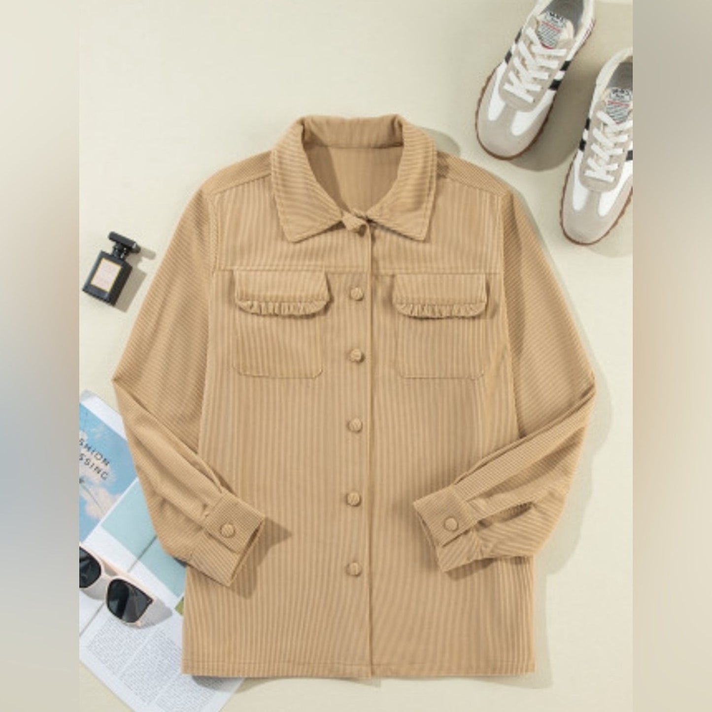 Jolie ruffle pocket button up shacket