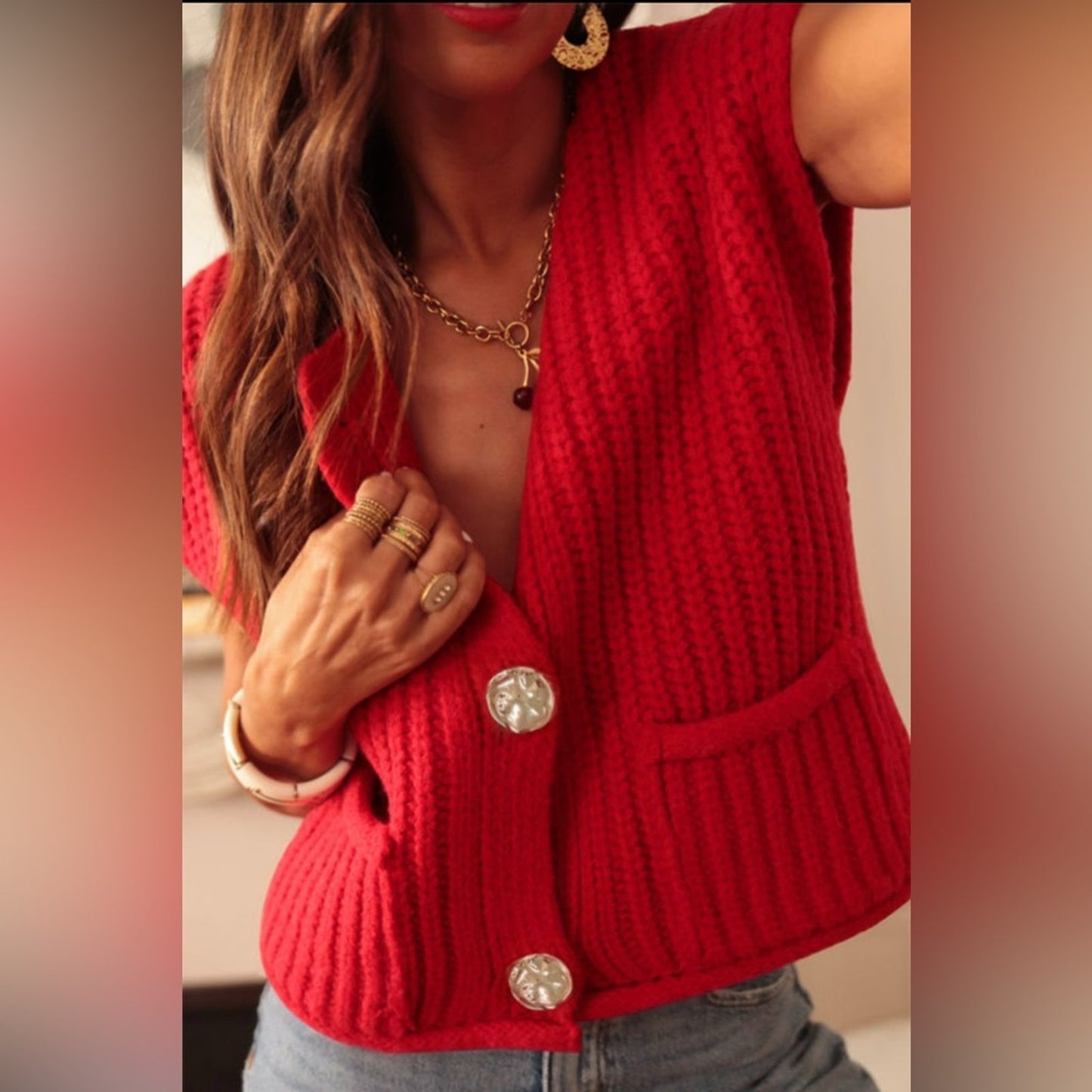 Betsy fiery red solid textured knit side pockets buttoned up sweater
