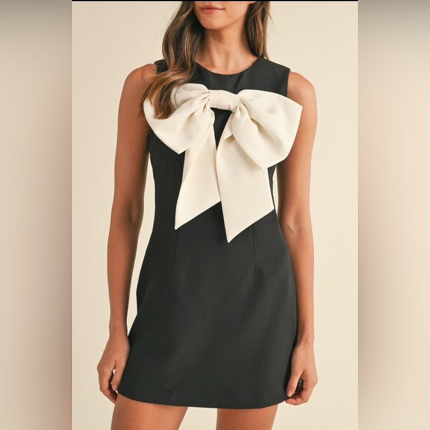 Corrine - Black contrast bowknot appliqué mini dress