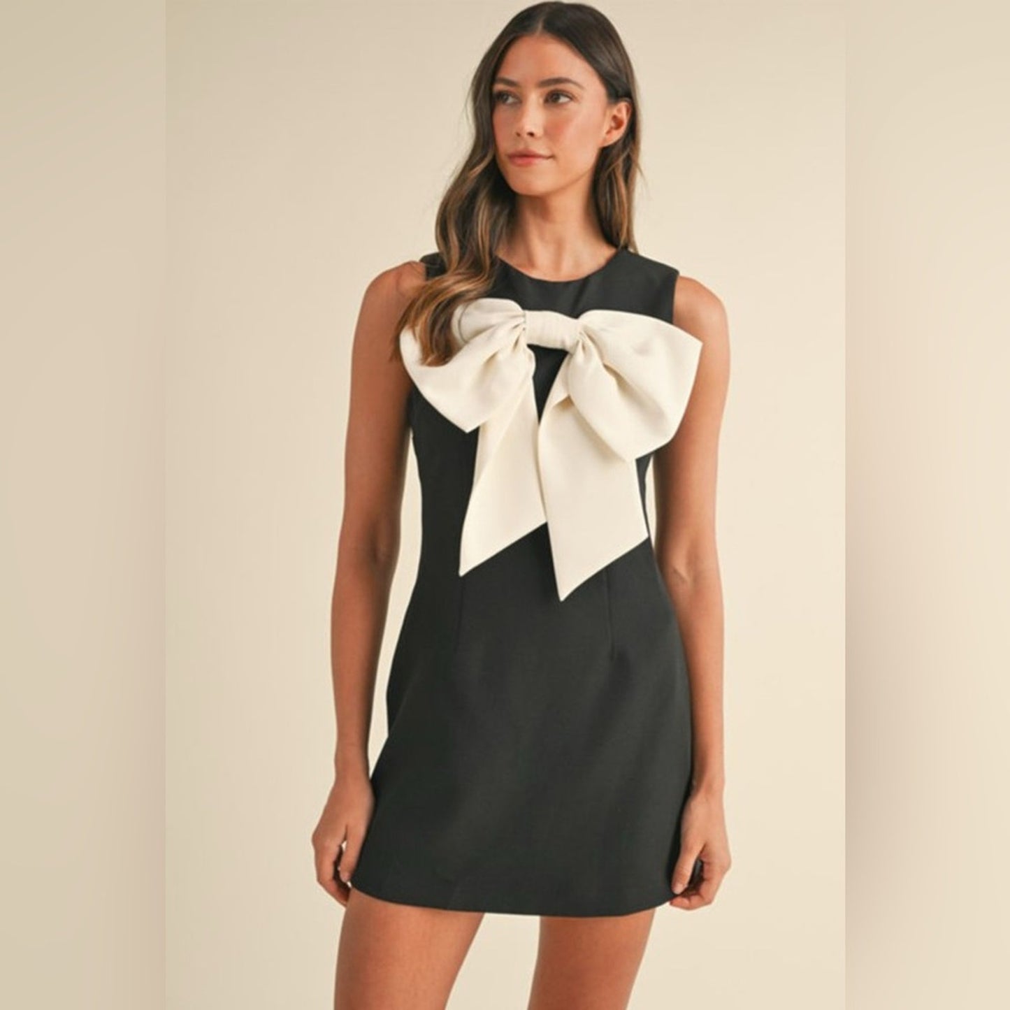 Corrine - Black contrast bowknot appliqué mini dress
