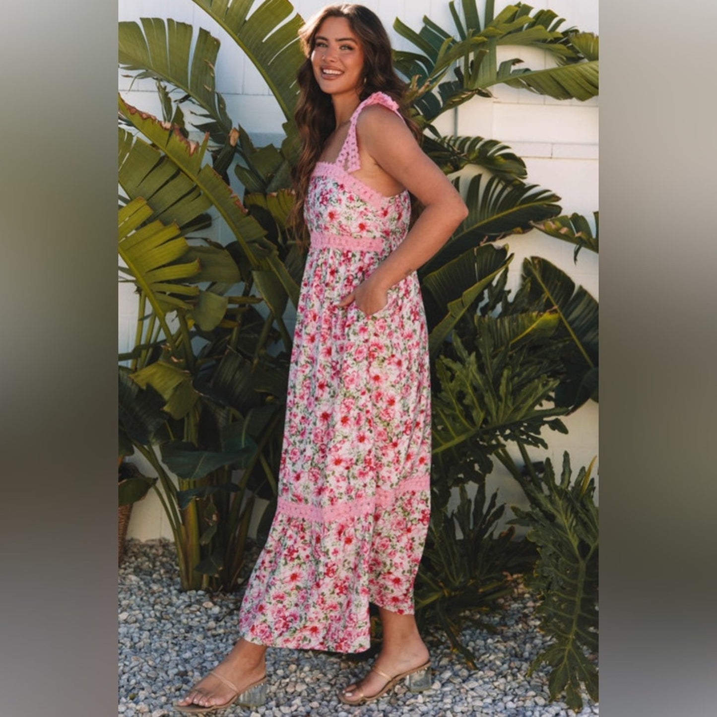 Anna- pink floral lace tied strap maxi dress