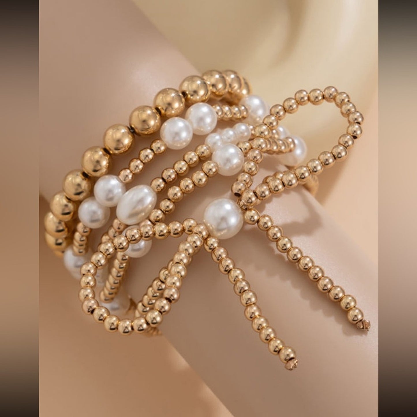 gold bow knot pearl beaded layered bracelet stack!!