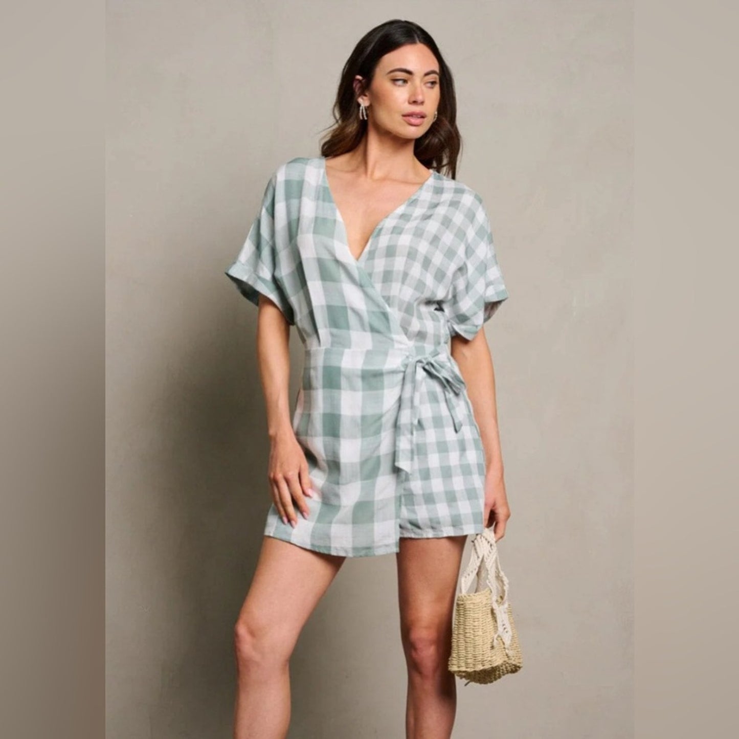 Jaiden- short sleeve plaid wrap romper