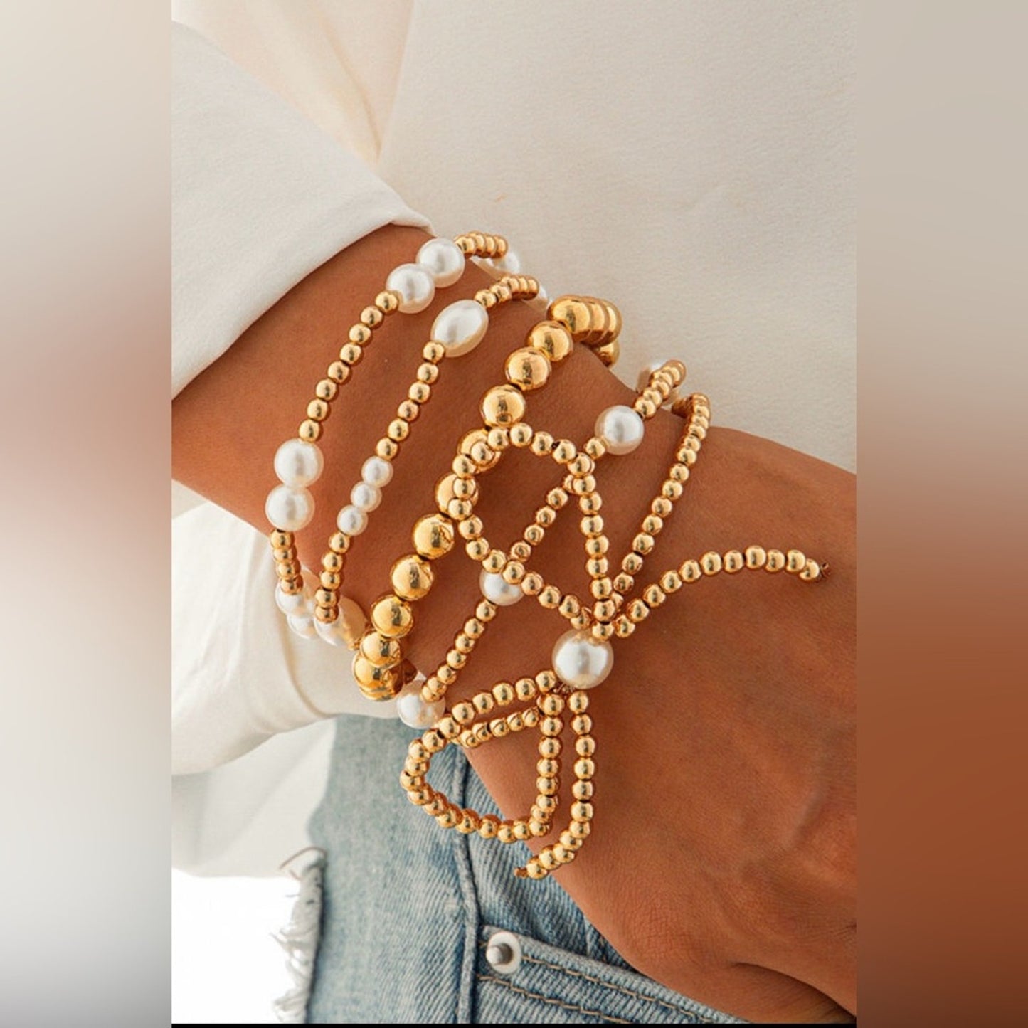 gold bow knot pearl beaded layered bracelet stack!!