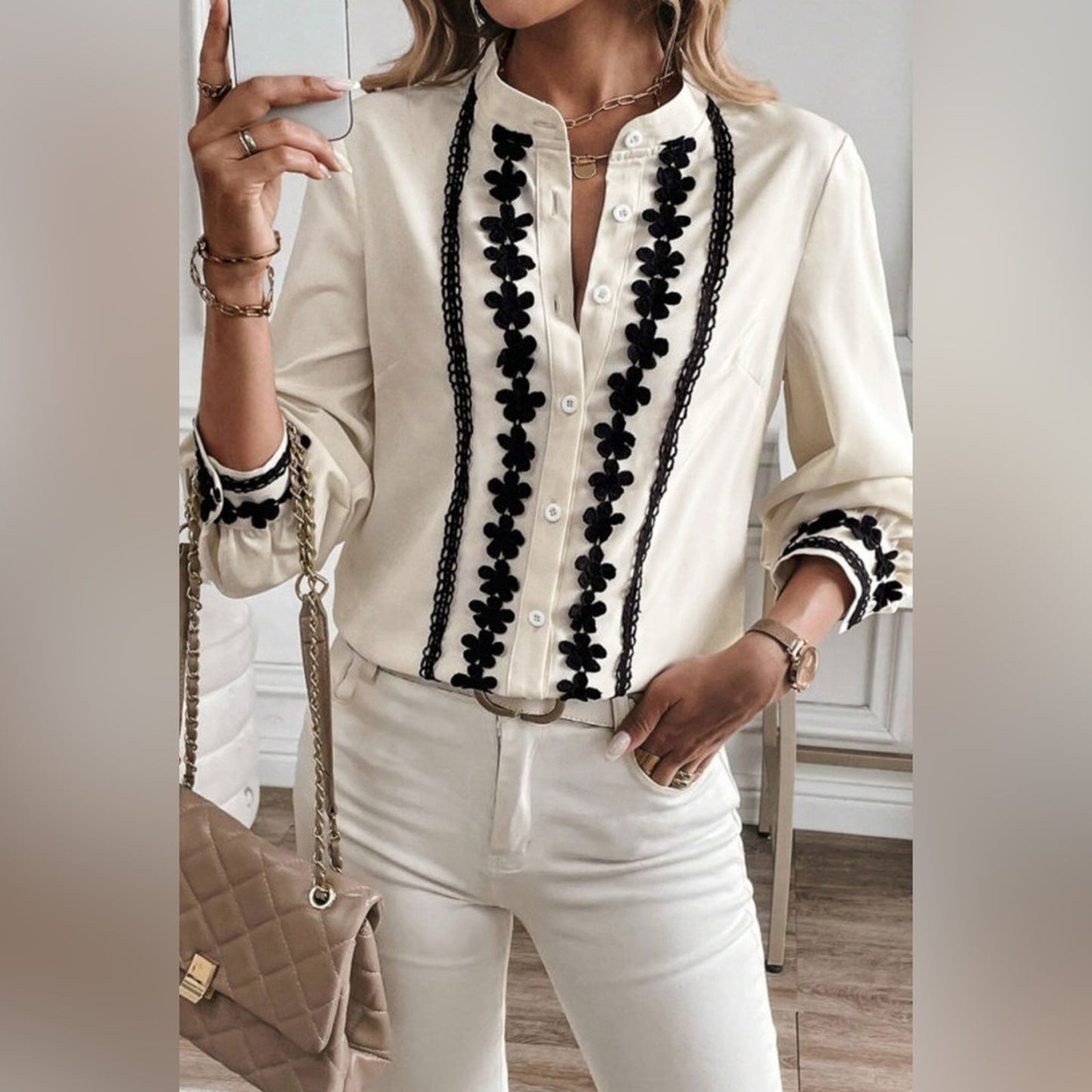 Harper beige floral embroidered button up shirt