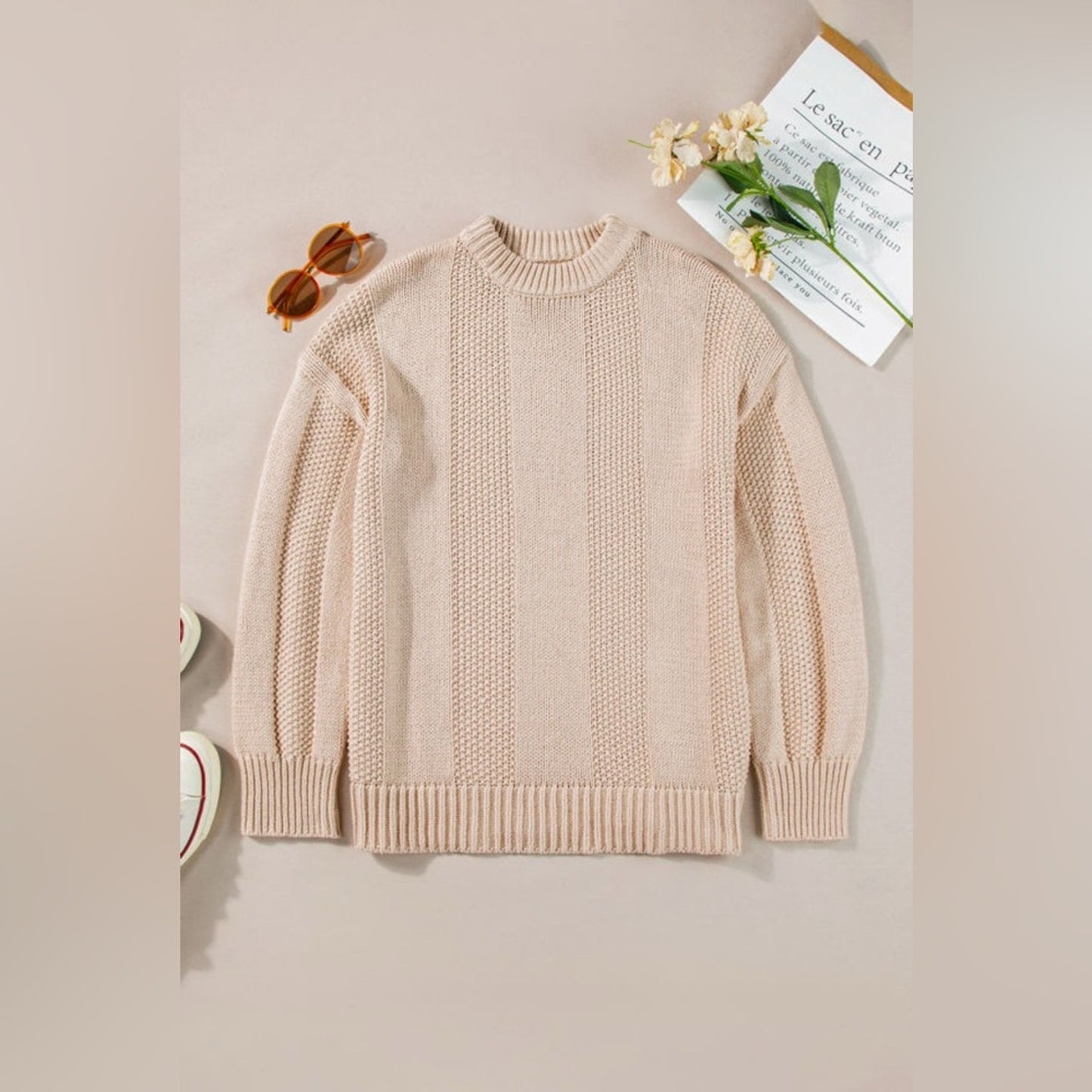 Ivy pale khaki solid color cable knit ribbed loose sweater