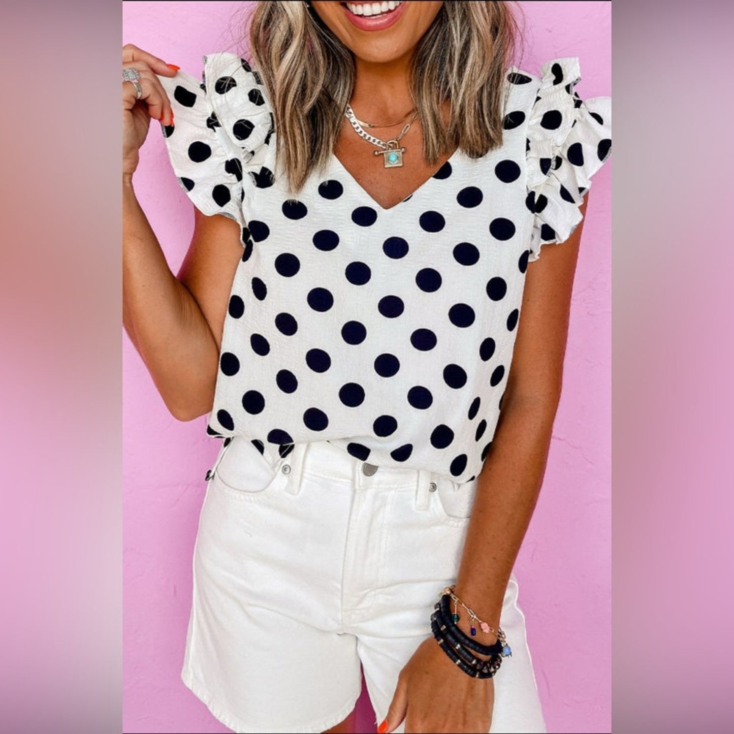 Rose white polka dot ruffle sleeve blouse