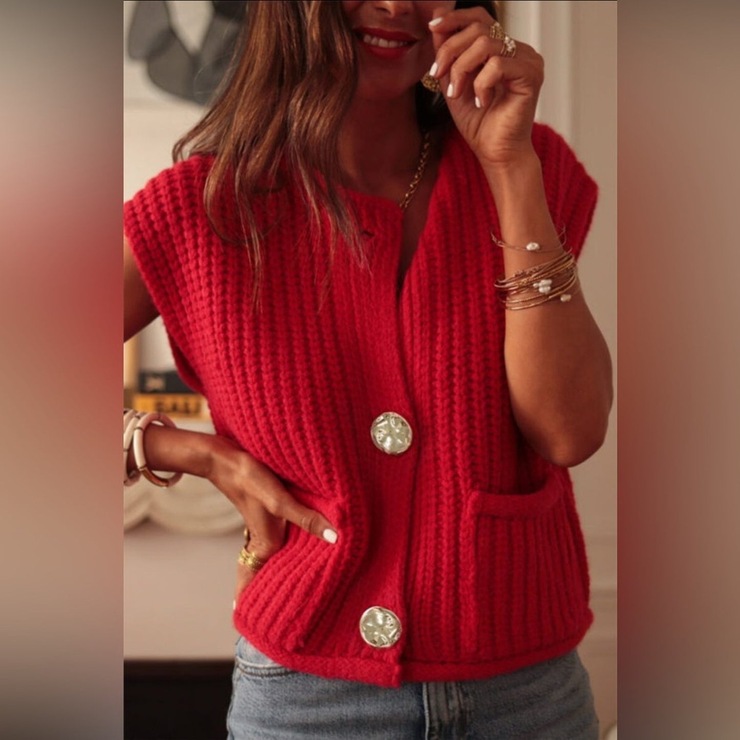 Betsy fiery red solid textured knit side pockets buttoned up sweater