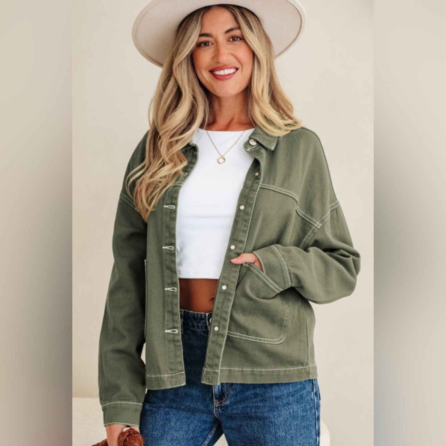 Luna - Olive Green Boyfriend Denim Jacket