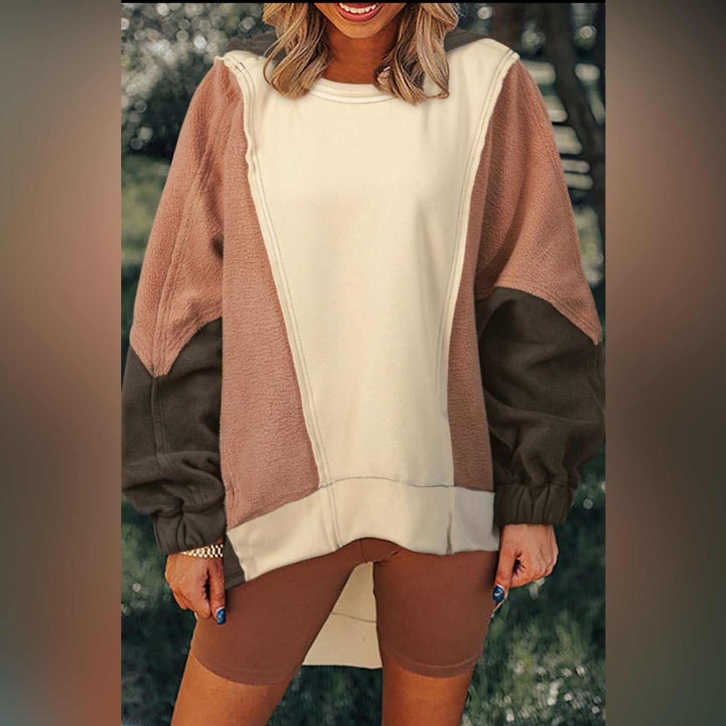 Emelia oversized color block patchwork high low hoodie