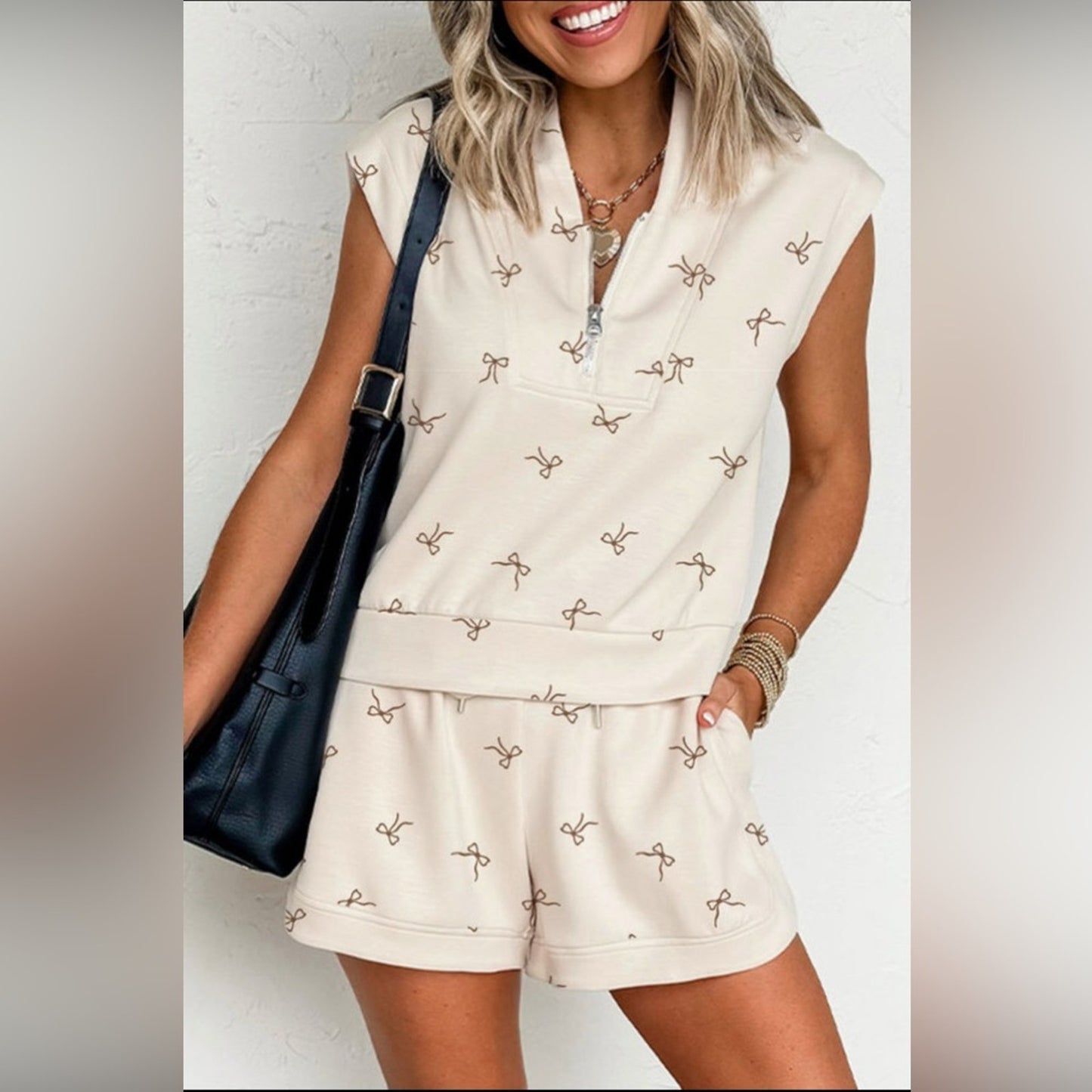 Eve- Cream Sleeveless Short Set with Bow Pattern