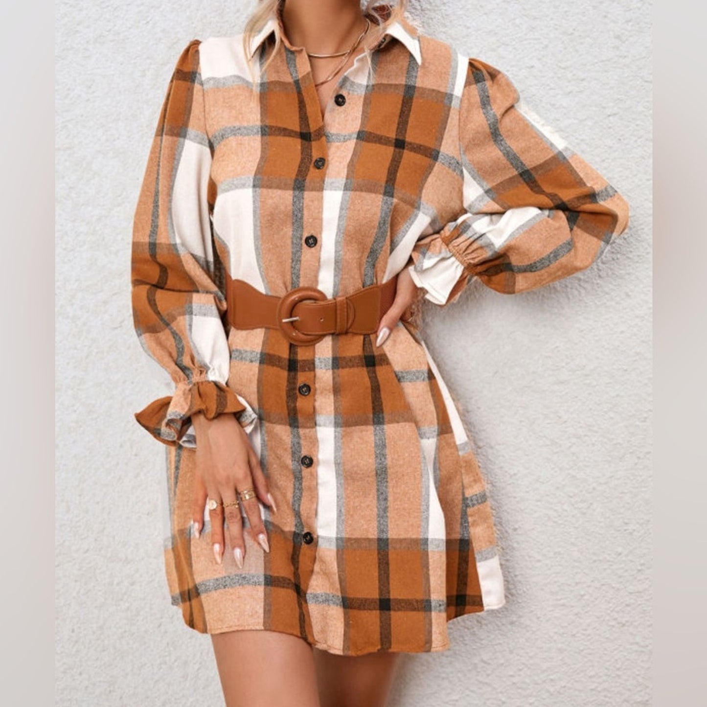 Kate khaki pattern collared neck ruffled sleeve dress