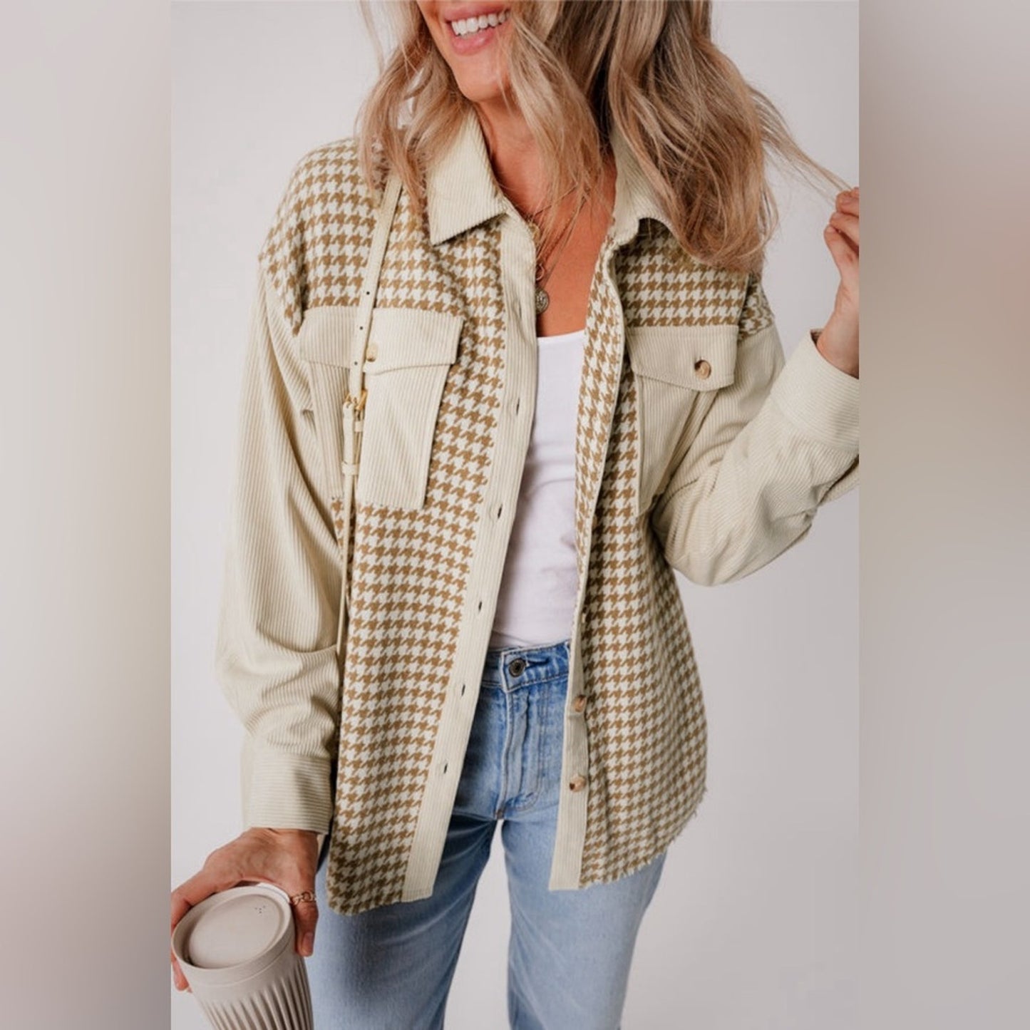 Hazel- corduroy patchwork flap pocket shacket
