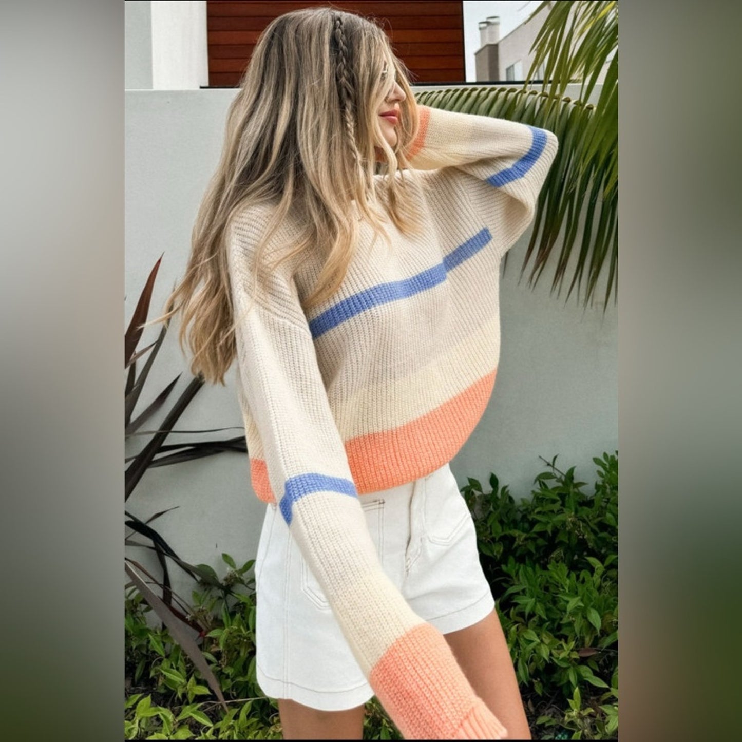 Presley beige colorblock striped drop shoulder cozy sweater