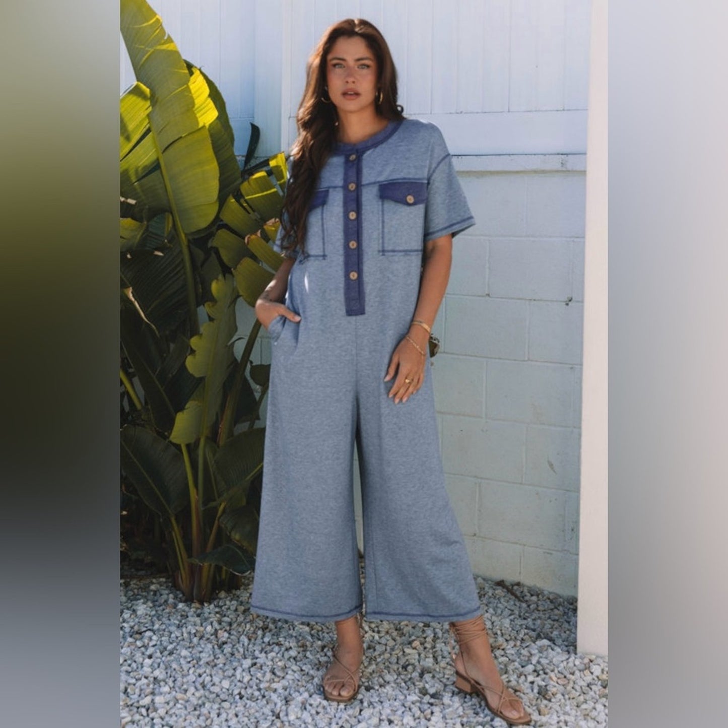 Julia - Blue Wide leg Jumpsuit with Button Details