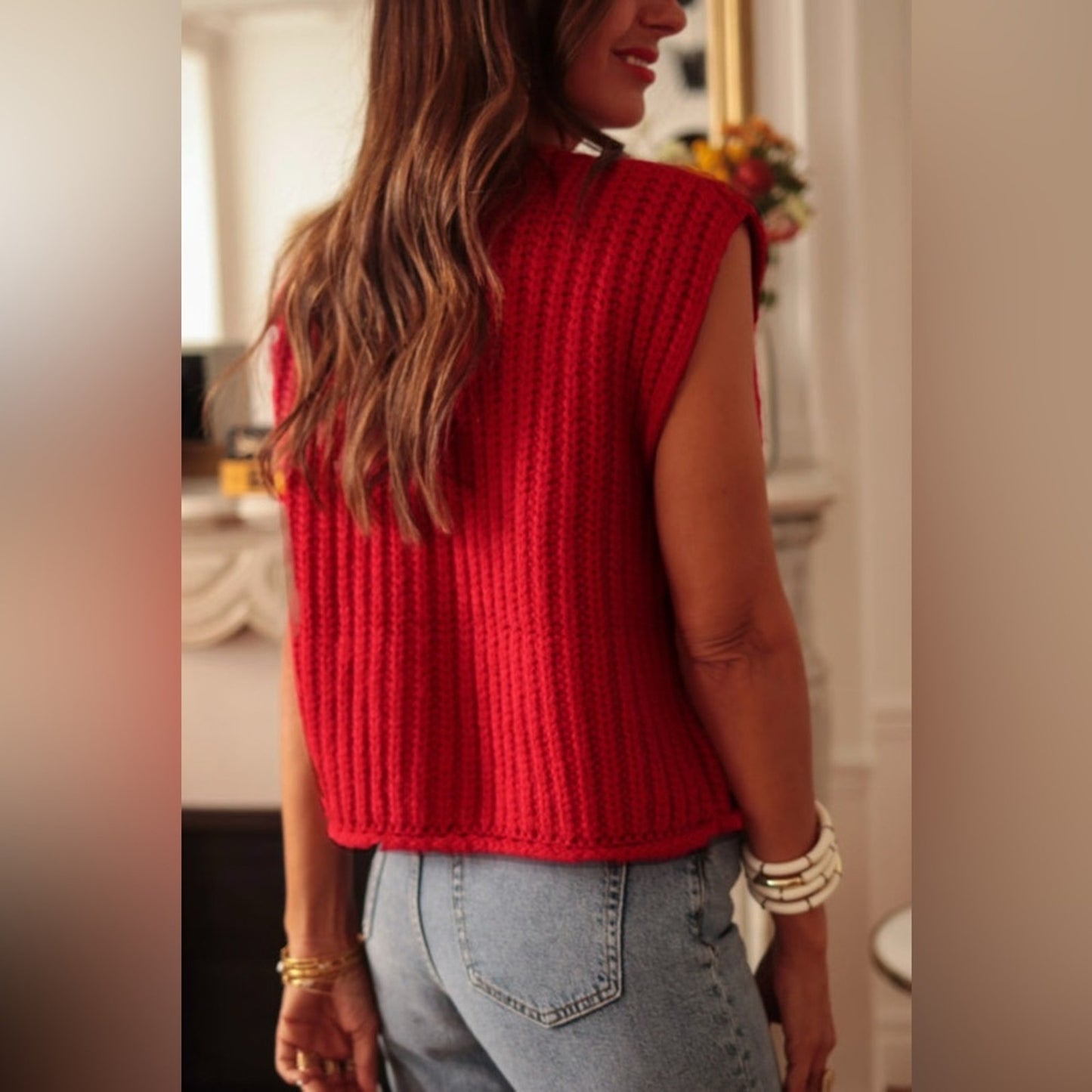Betsy fiery red solid textured knit side pockets buttoned up sweater