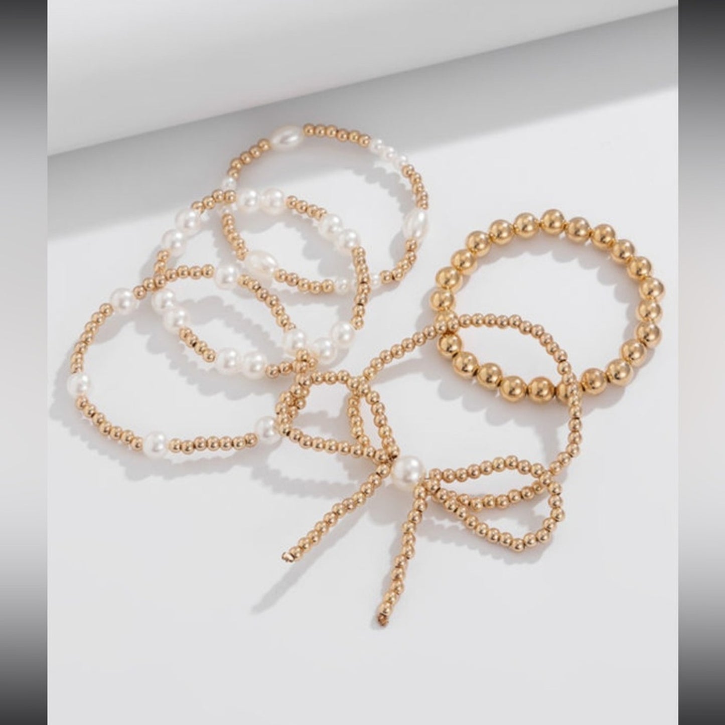 gold bow knot pearl beaded layered bracelet stack!!
