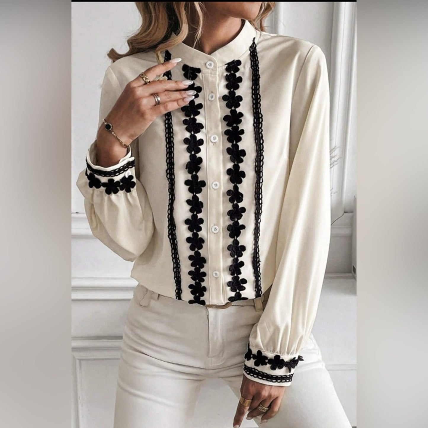 Harper beige floral embroidered button up shirt