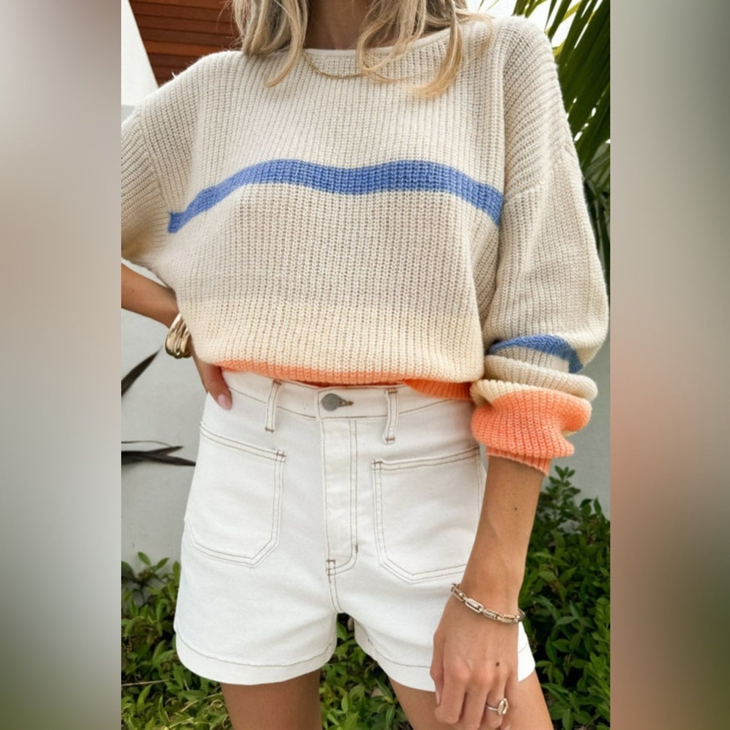 Presley beige colorblock striped drop shoulder cozy sweater