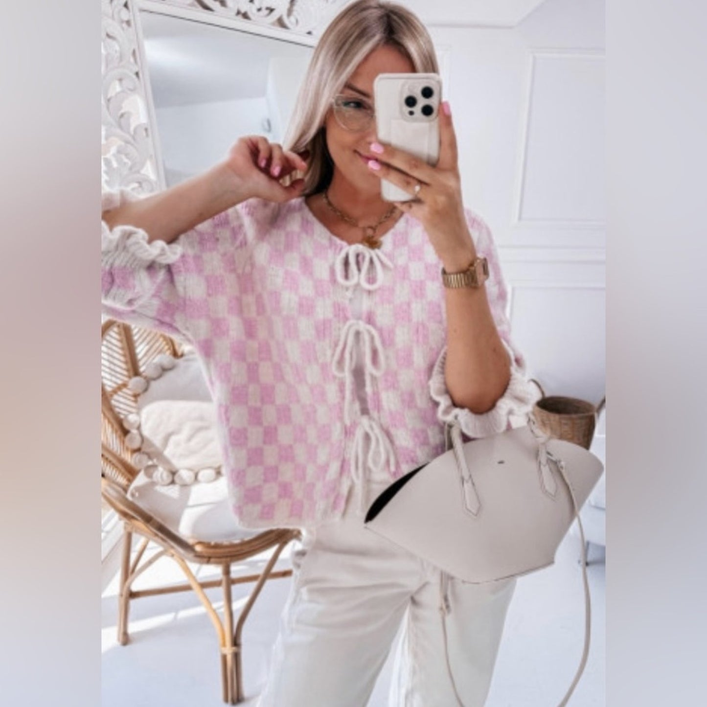 Macie checkered bow cardigan