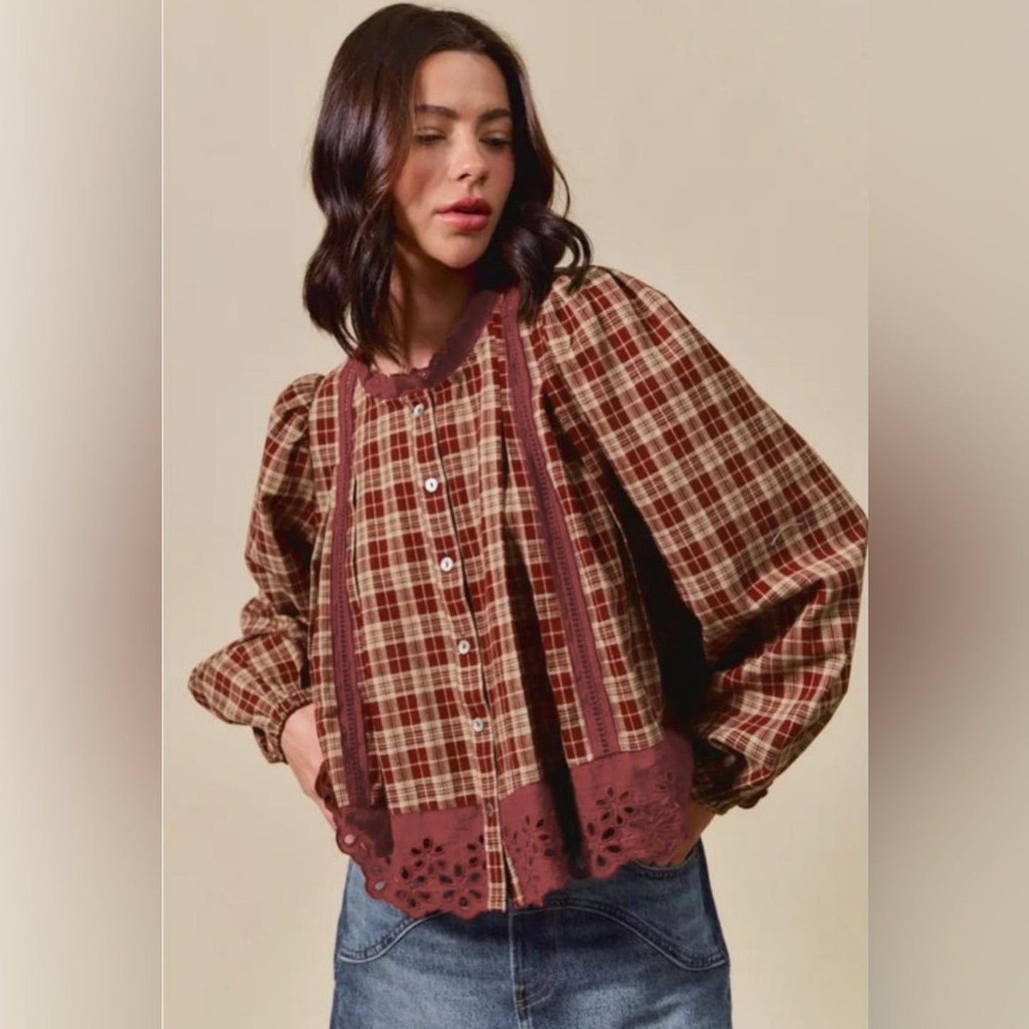 Kassie- Red Plaid Ruffle Trim Blouse