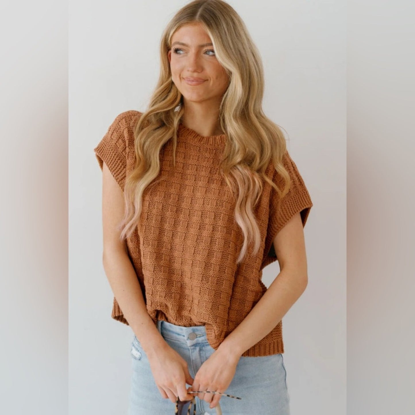 Maci camel round neck textured knit sweater vest